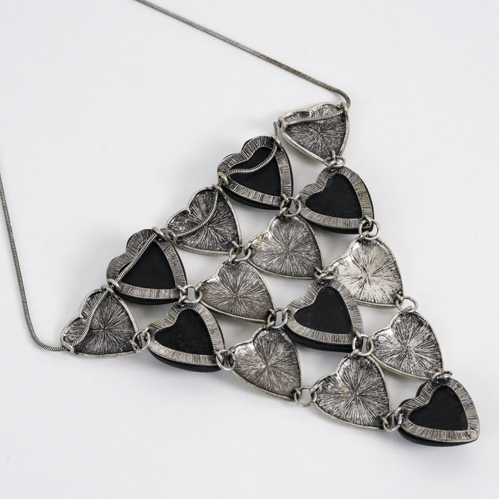 Vintage Silver-Tone Black & Silver Heart Statement Bib Necklace