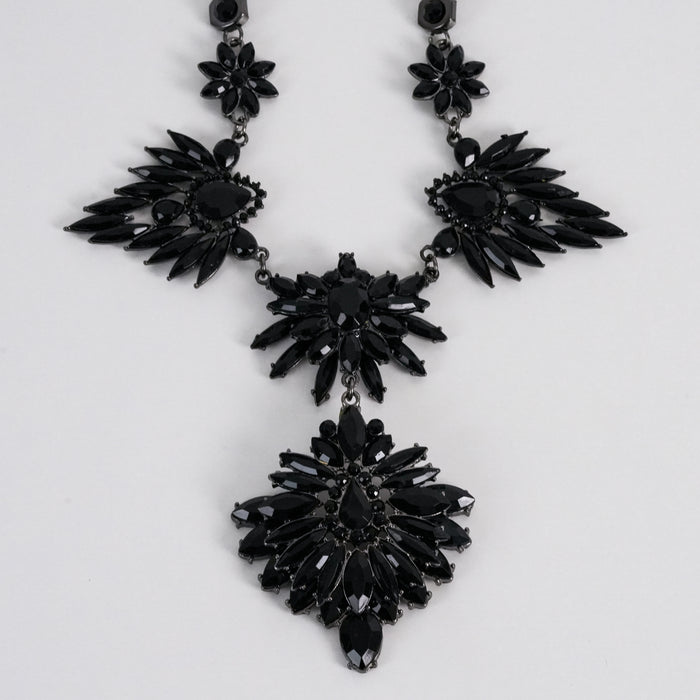 Vintage Daires Black Floral Crystal Statement Bib Necklace