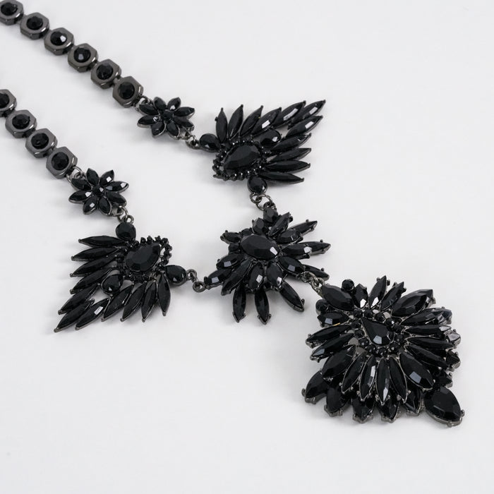 Vintage Daires Black Floral Crystal Statement Bib Necklace