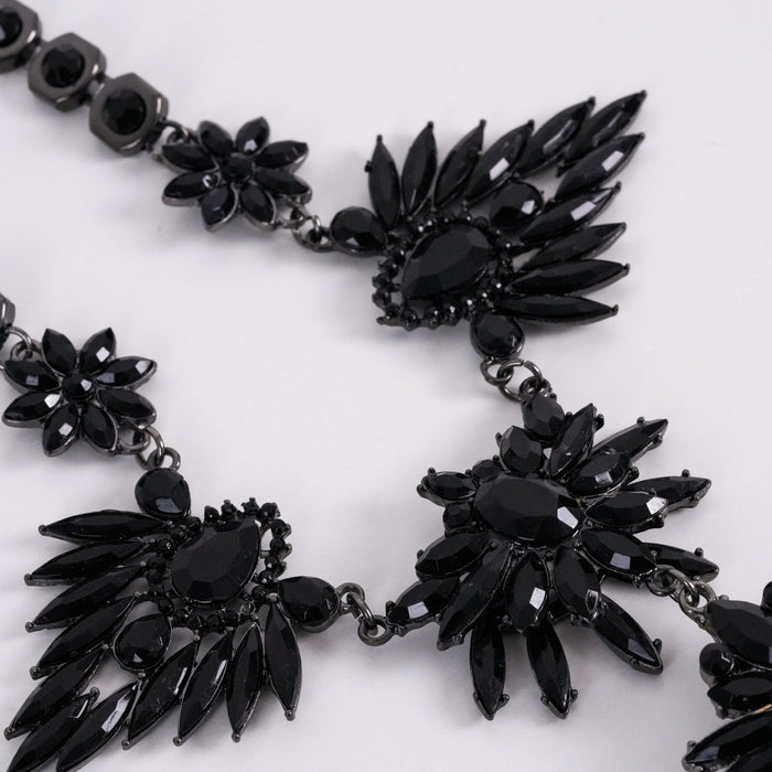 Vintage Daires Black Floral Crystal Statement Bib Necklace