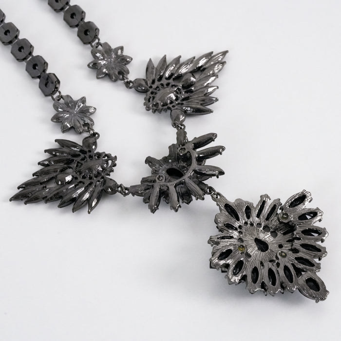 Vintage Daires Black Floral Crystal Statement Bib Necklace