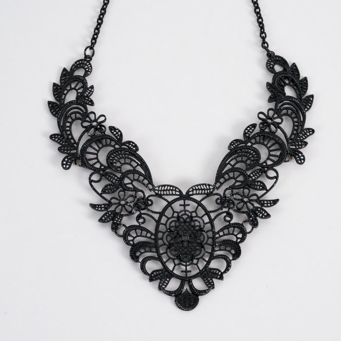 Vintage Lovisa Black Filigree Floral Statement Necklace