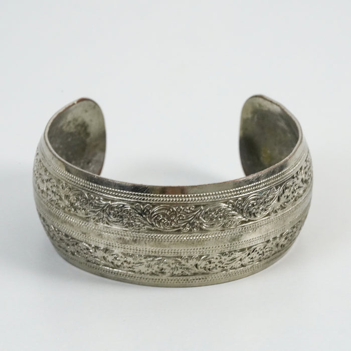 Vintage Silver-Tone Ornate Engraved Floral Wide Cuff Statement Bracelet