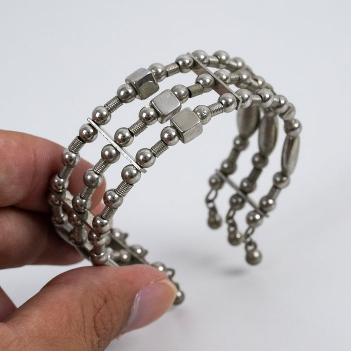 Vintage Silver-Tone Triple-Strand Beaded Cuff Bracelet