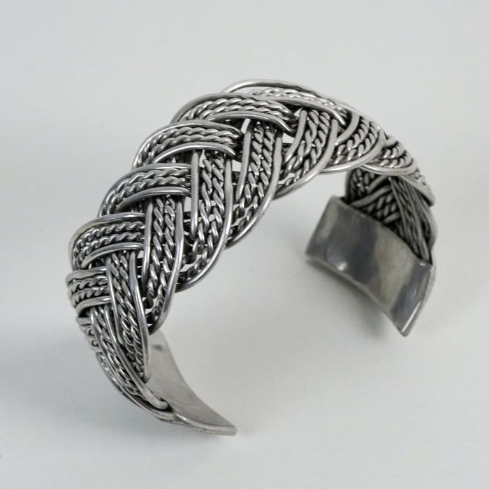 Vintage Silver-Tone Braided Chain Cuff Bracelet