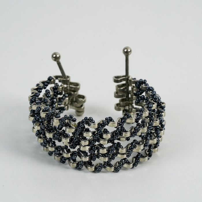 Vintage Silver-Tone Multi-Strand Black Beaded Cuff Bracelet