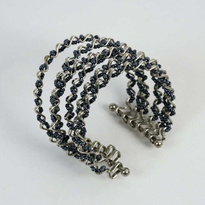 Vintage Silver-Tone Multi-Strand Black Beaded Cuff Bracelet