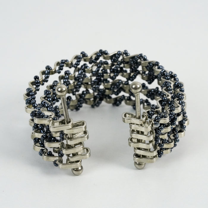 Vintage Silver-Tone Multi-Strand Black Beaded Cuff Bracelet
