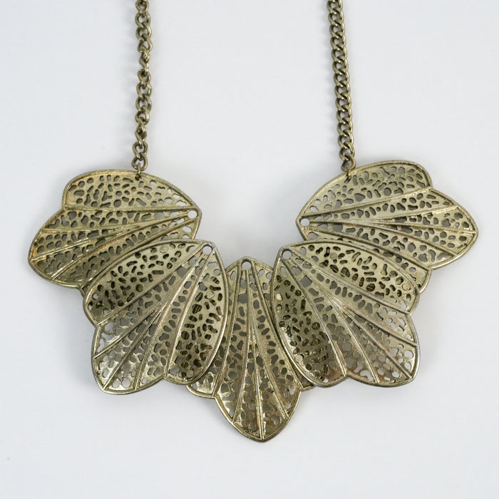 Vintage Gold Tone Statement Bib Necklace Layered Filigree Leaf Petal Design
