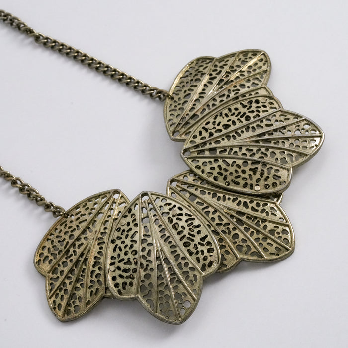 Vintage Gold Tone Statement Bib Necklace Layered Filigree Leaf Petal Design