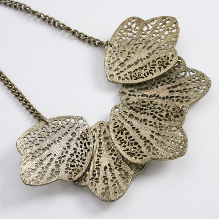 Vintage Gold Tone Statement Bib Necklace Layered Filigree Leaf Petal Design