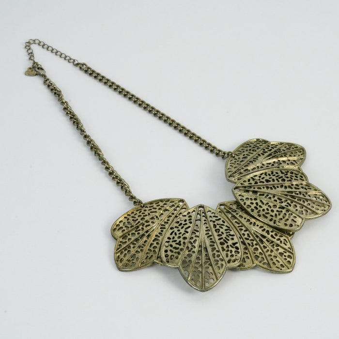 Vintage Gold Tone Statement Bib Necklace Layered Filigree Leaf Petal Design