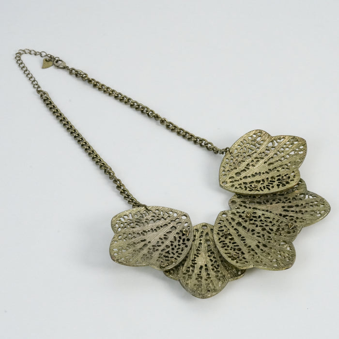 Vintage Gold Tone Statement Bib Necklace Layered Filigree Leaf Petal Design
