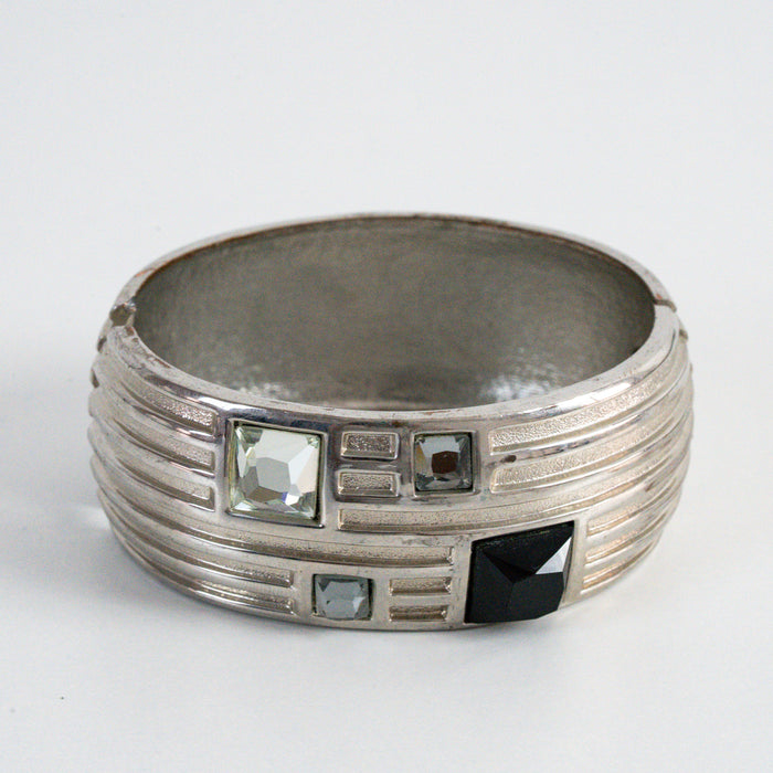 Vintage Silver-Tone Geometric Rhinestone Wide Cuff Bracelet