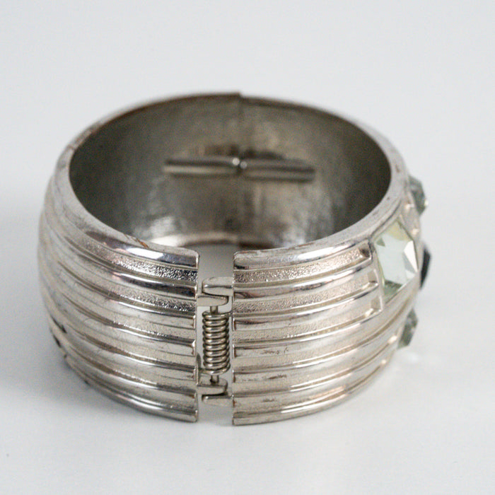 Vintage Silver-Tone Geometric Rhinestone Wide Cuff Bracelet