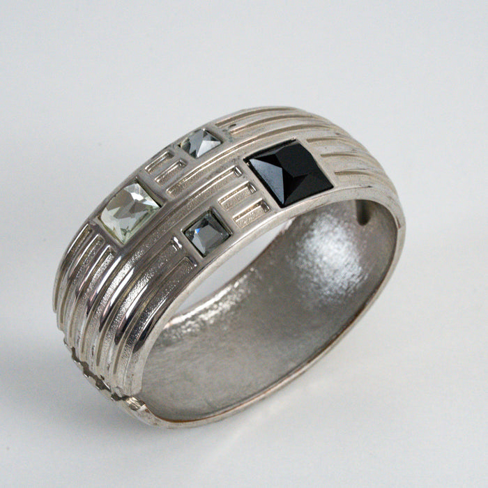 Vintage Silver-Tone Geometric Rhinestone Wide Cuff Bracelet