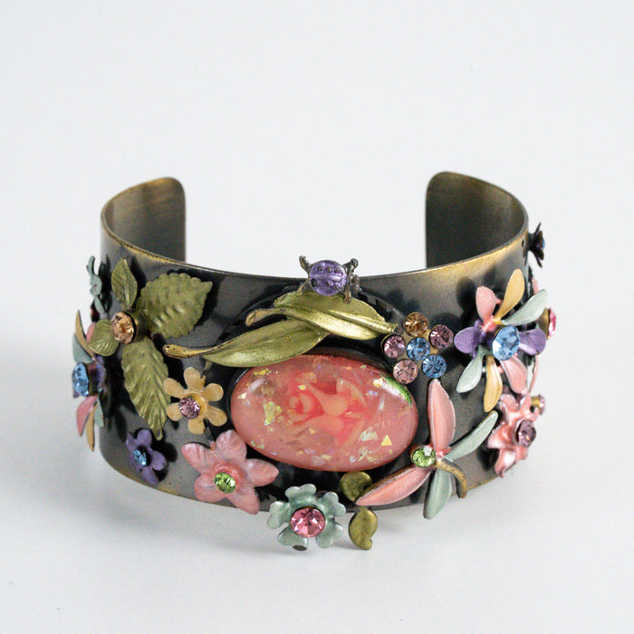 Vintage Copper-Tone Floral Rhinestone Cuff Bracelet