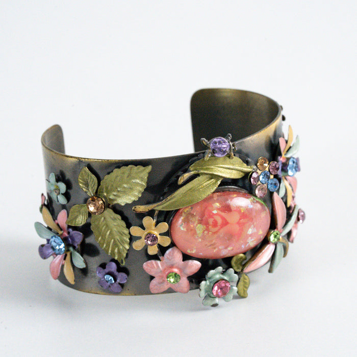 Vintage Copper-Tone Floral Rhinestone Cuff Bracelet