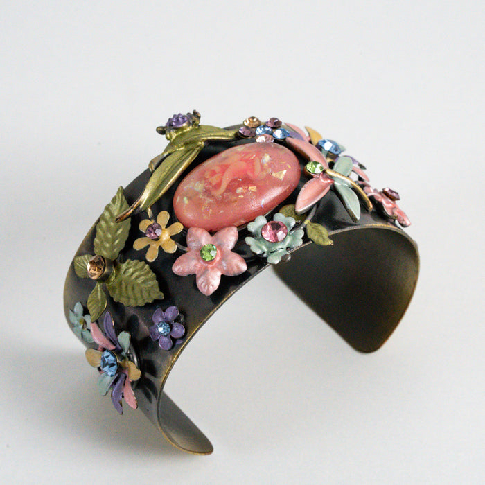 Vintage Copper-Tone Floral Rhinestone Cuff Bracelet