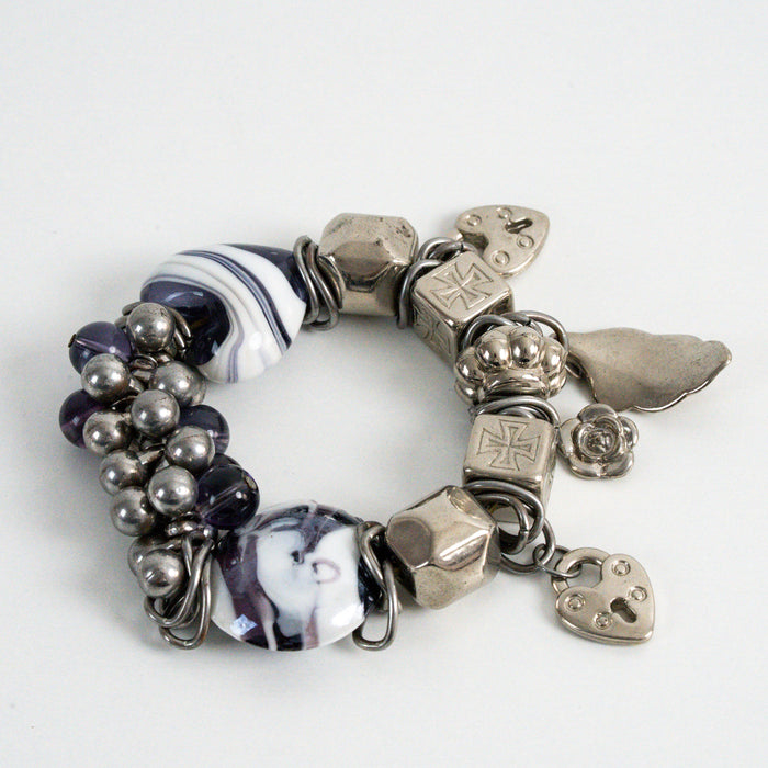 Vintage Silver-Tone Charm Bracelet with Purple Glass Beads