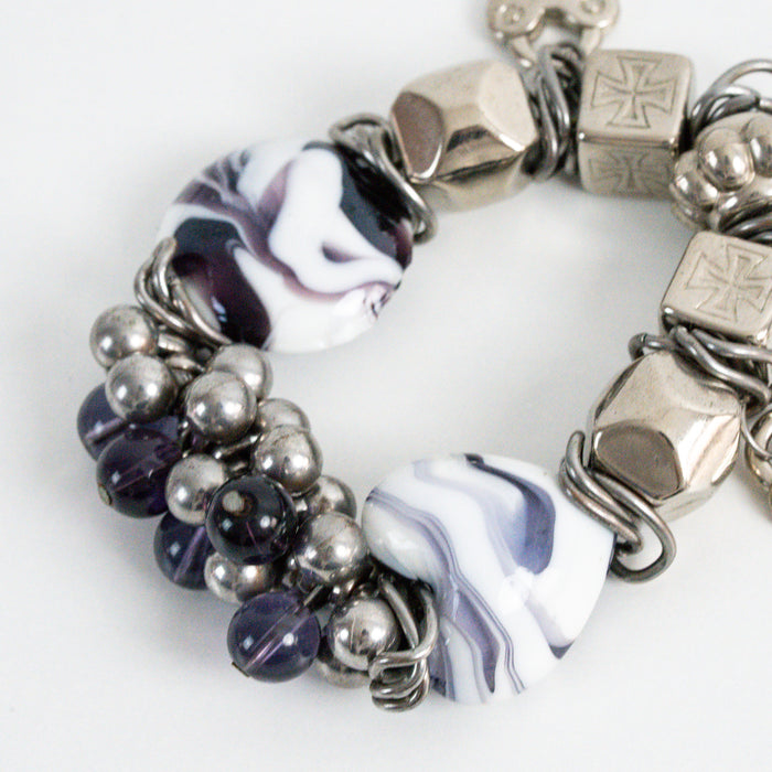 Vintage Silver-Tone Charm Bracelet with Purple Glass Beads