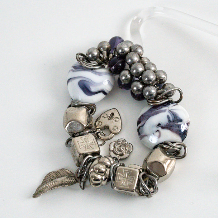 Vintage Silver-Tone Charm Bracelet with Purple Glass Beads