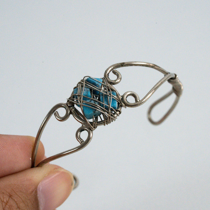 Vintage Silver-Tone Wire-Wrapped Stone Cuff Bracelet