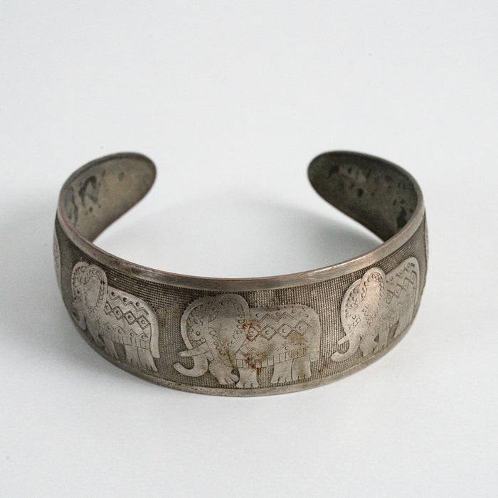 Vintage Silver-Tone Elephant Engraved Cuff Bracelet