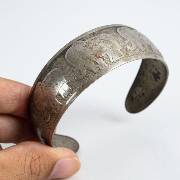 Vintage Silver-Tone Elephant Engraved Cuff Bracelet