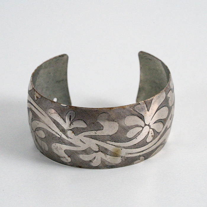 Vintage Silver-Tone Floral Engraved Cuff Bracelet