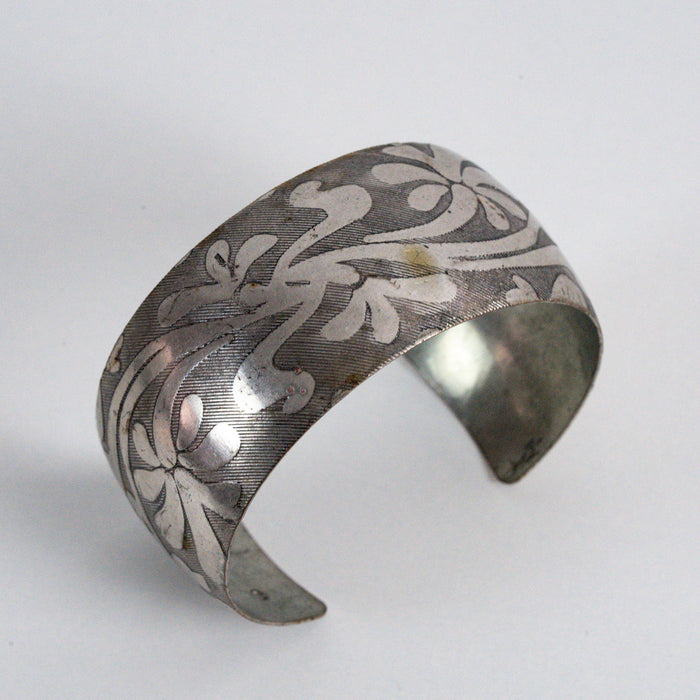 Vintage Silver-Tone Floral Engraved Cuff Bracelet