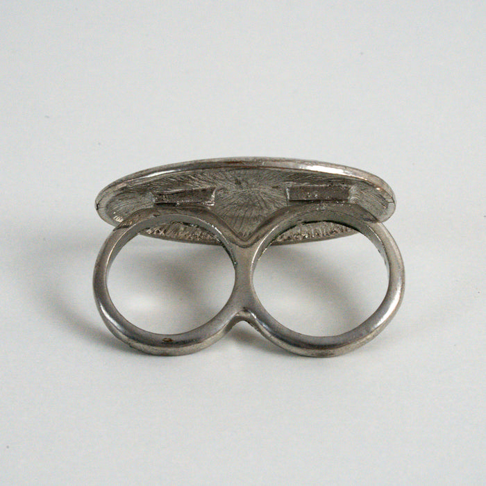 Vintage Silver-Tone Oval Double-Finger Statement Ring with Black Inlay