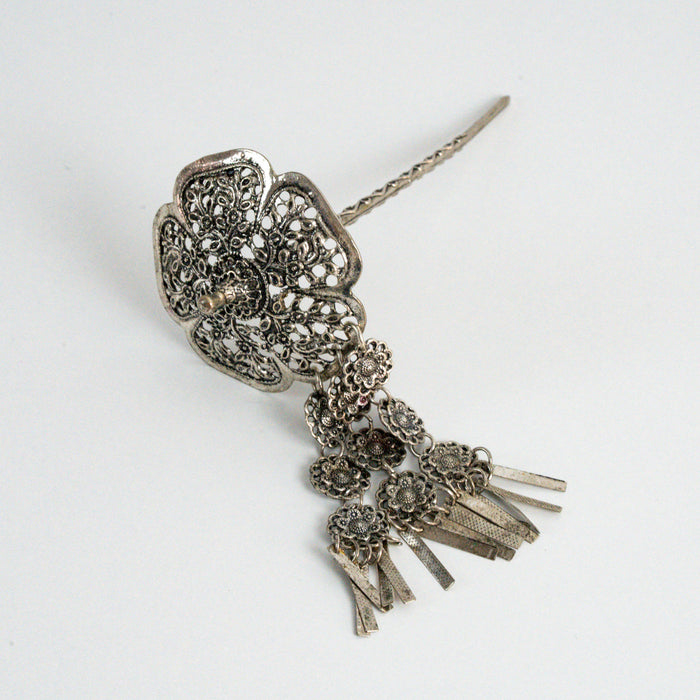 Vintage Silver Filigree Floral Hair Stick with Dangling Charms