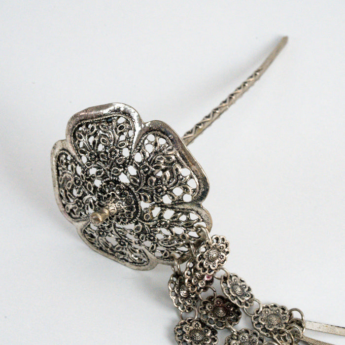 Vintage Silver Filigree Floral Hair Stick with Dangling Charms