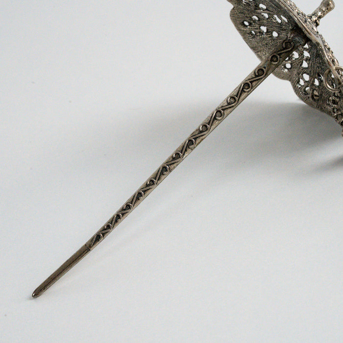 Vintage Silver Filigree Floral Hair Stick with Dangling Charms