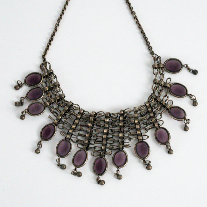 Vintage Antique Bronze-Tone Purple Glass Statement Necklace
