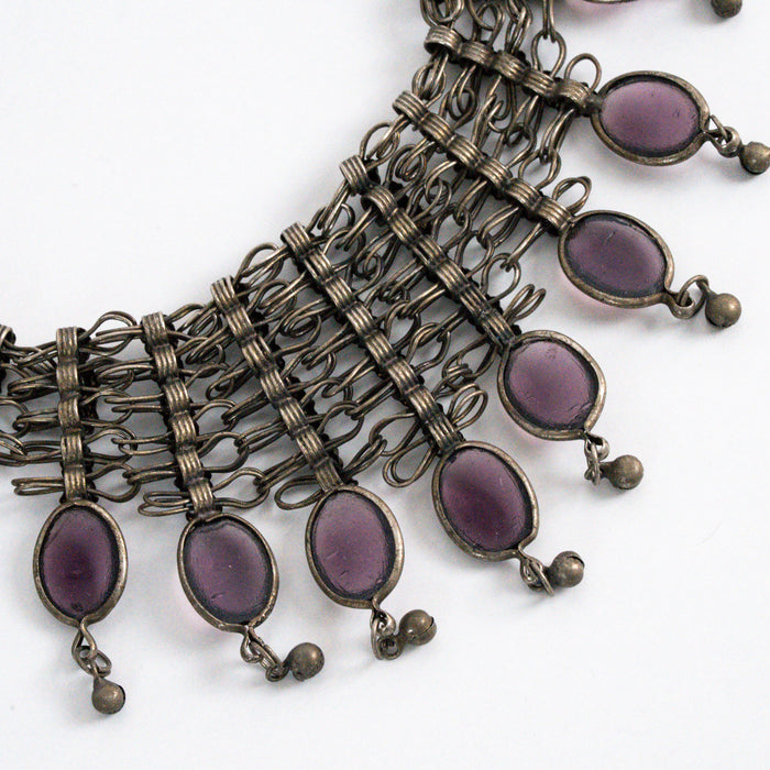 Vintage Antique Bronze-Tone Purple Glass Statement Necklace