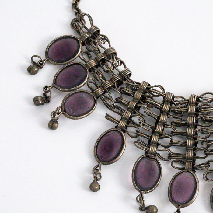 Vintage Antique Bronze-Tone Purple Glass Statement Necklace
