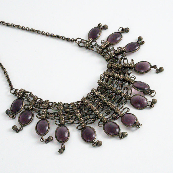 Vintage Antique Bronze-Tone Purple Glass Statement Necklace