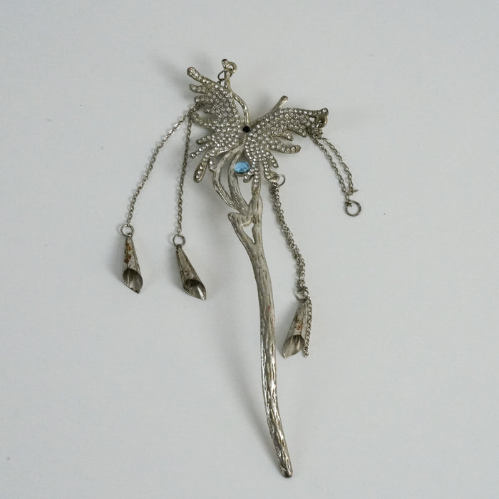 Vintage Silver-Tone Rhinestone Floral Hair Stick with Dangling Chain Charms