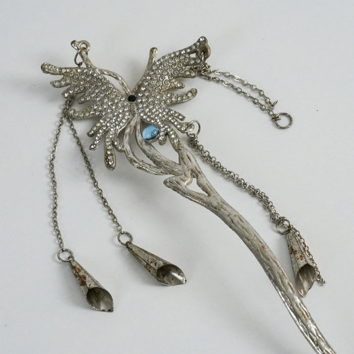 Vintage Silver-Tone Rhinestone Floral Hair Stick with Dangling Chain Charms