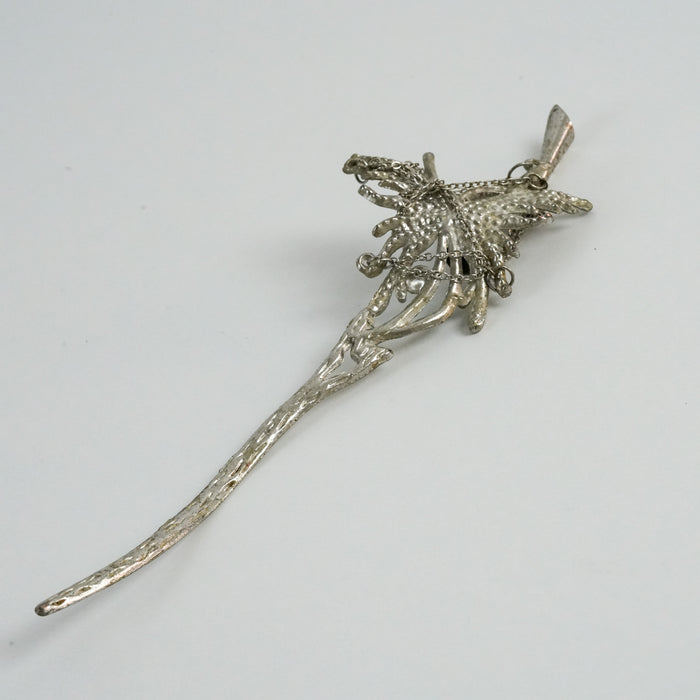 Vintage Silver-Tone Rhinestone Floral Hair Stick with Dangling Chain Charms