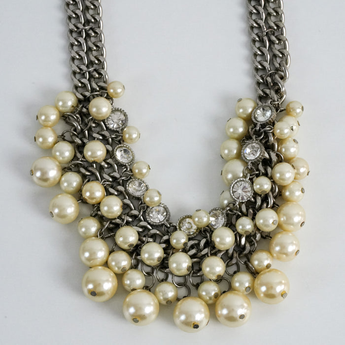 Vintage Silver-Tone Pearl & Rhinestone Statement Necklace