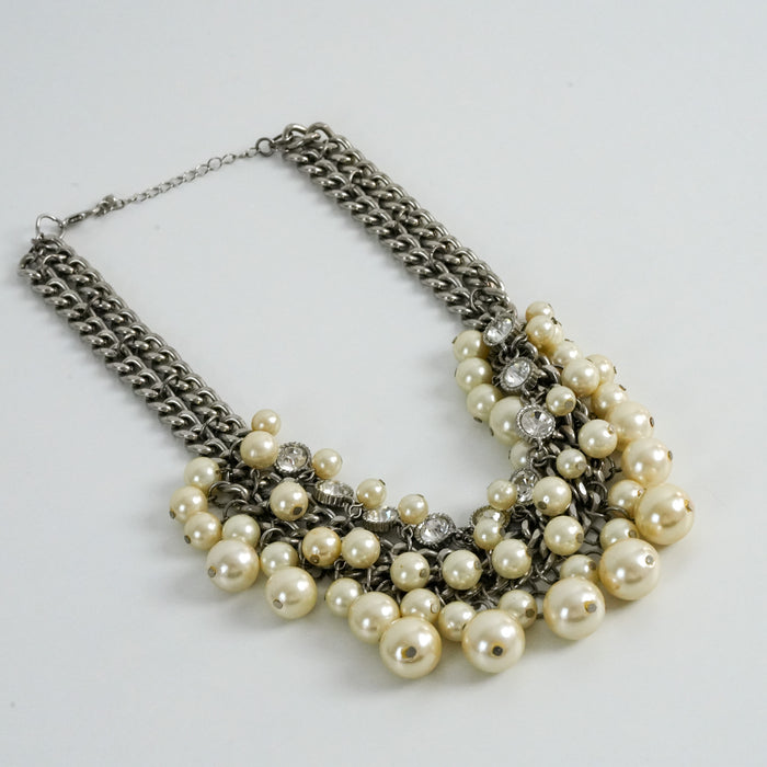 Vintage Silver-Tone Pearl & Rhinestone Statement Necklace