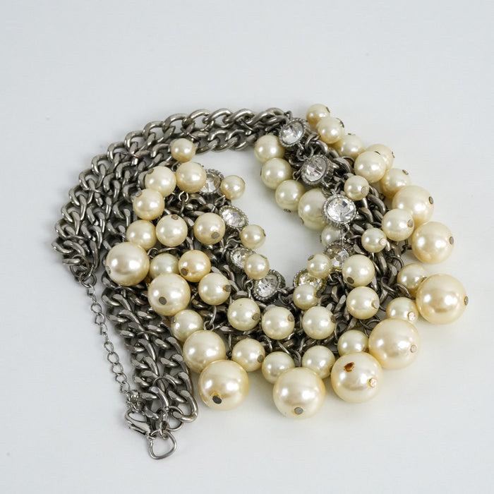 Vintage Silver-Tone Pearl & Rhinestone Statement Necklace
