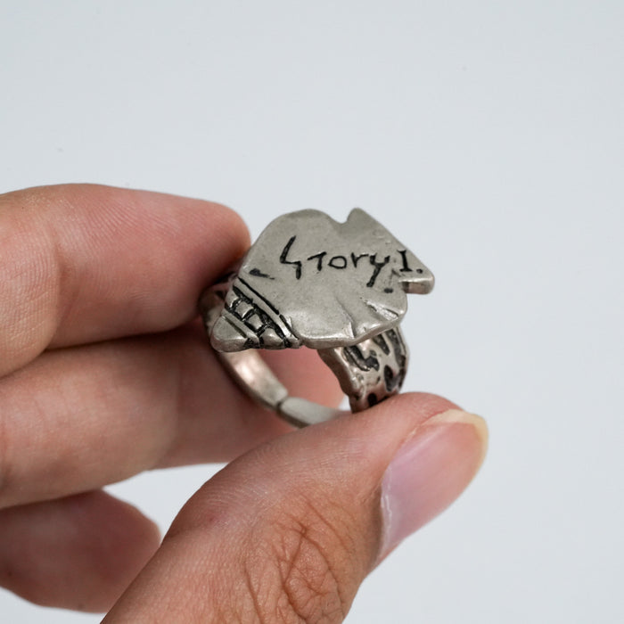 Vintage Silver-Tone Graffiti Face Statement Ring