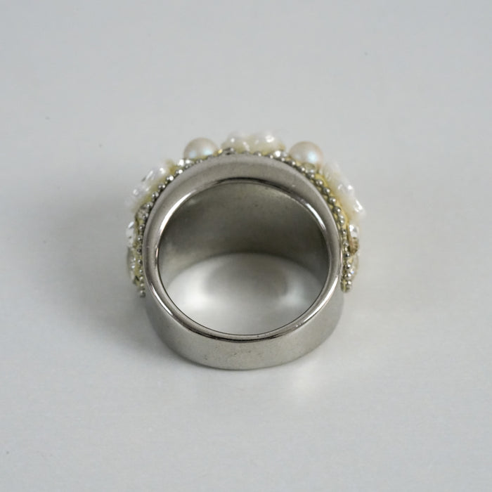 Vintage Silver-Tone Rhinestone Floral Statement Ring