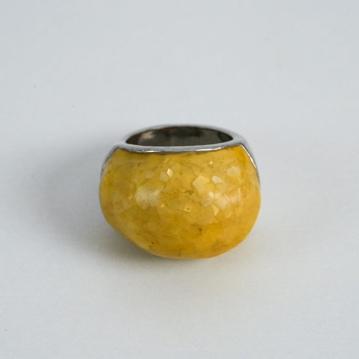 Vintage Yellow Resin Dome Statement Ring with Silver-Tone Band