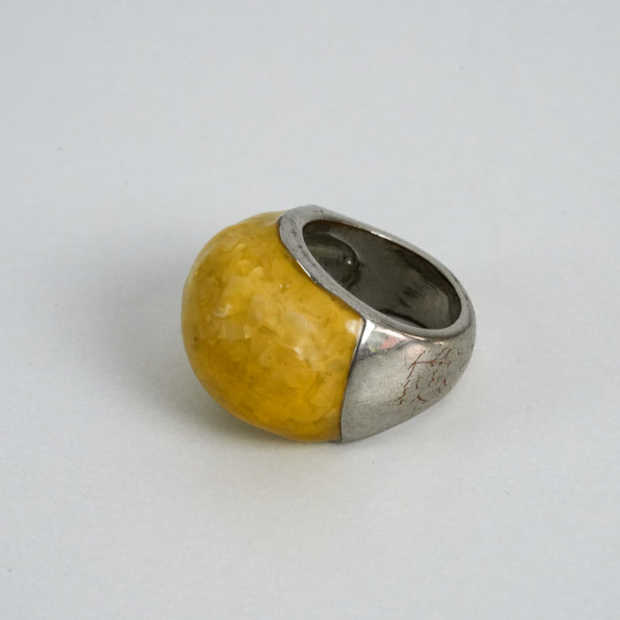 Vintage Yellow Resin Dome Statement Ring with Silver-Tone Band