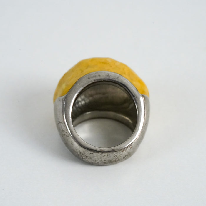 Vintage Yellow Resin Dome Statement Ring with Silver-Tone Band